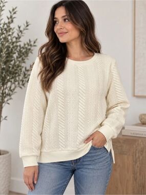Adrianna Papell Cream Cable Knit Crewneck Sweater